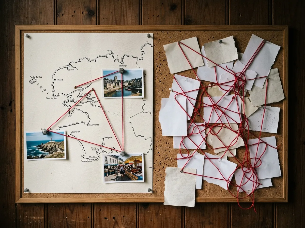 Tableau de liège comparant des backlinks locaux organisés reliés à une carte du Finistère et un enchevêtrement de liens génériques désordonnés