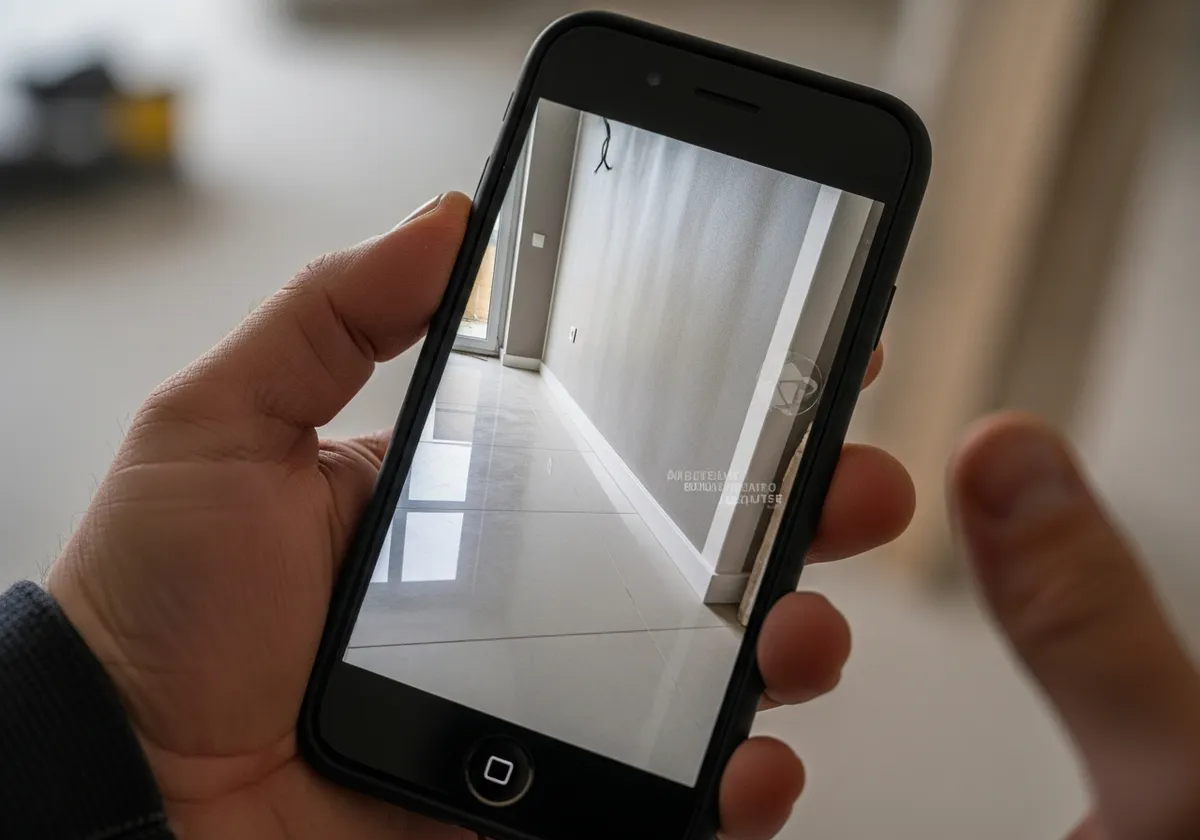 Smartphone dans une main d'artisan affichant une photo de réalisation — utiliser ses photos existantes pour son site internet