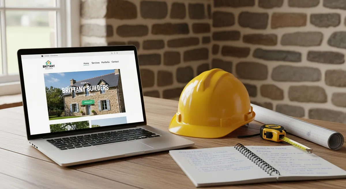 Laptop avec maquette de site artisan sur bureau en bois, casque de chantier et carnet de notes à côté — création de site internet artisan