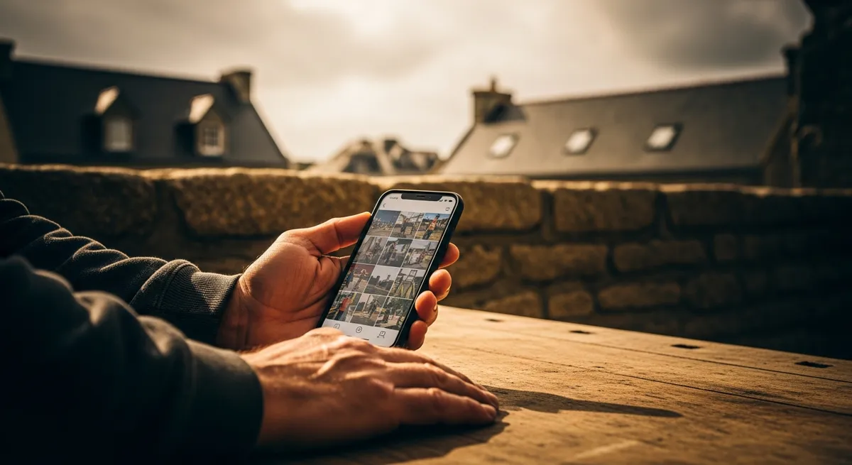 Artisan consultant sur son téléphone une grille de photos de chantier, mur en granit et toits bretons en arrière-plan