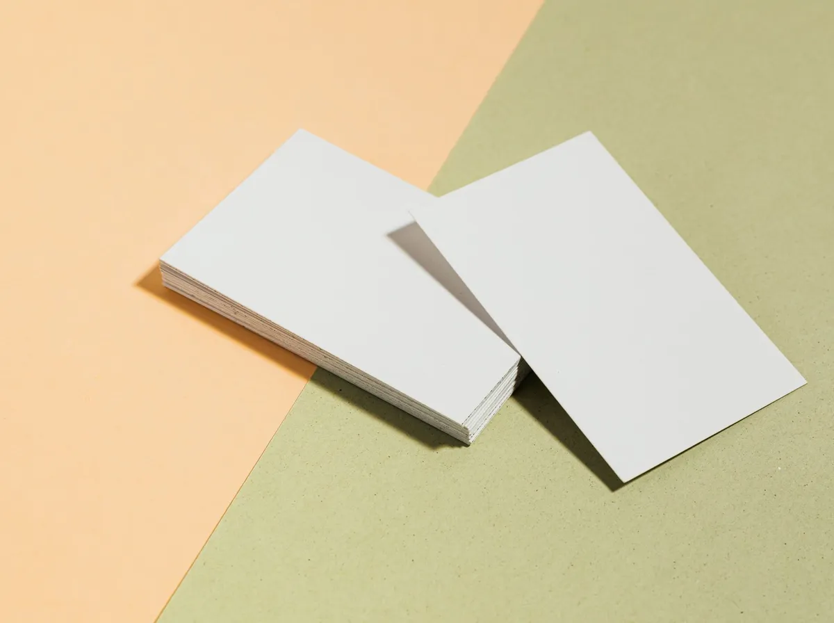 Cartes de visite vierges posées sur un fond bicolore, support sur lequel se décline le logo d'un artisan