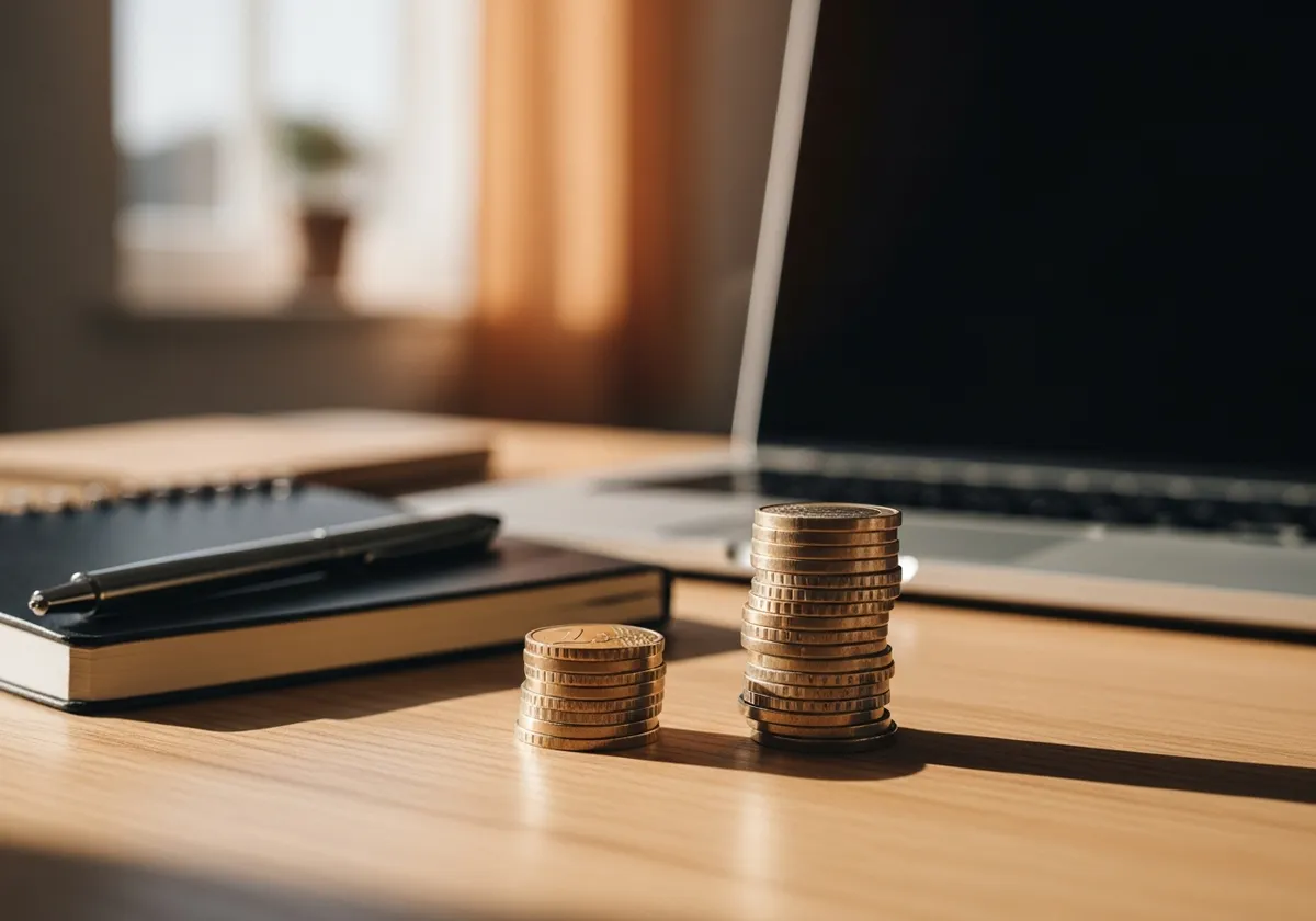 Deux piles de pièces en euros de hauteurs différentes sur un bureau, symbolisant l'écart de tarif entre deux forfaits de maintenance site internet