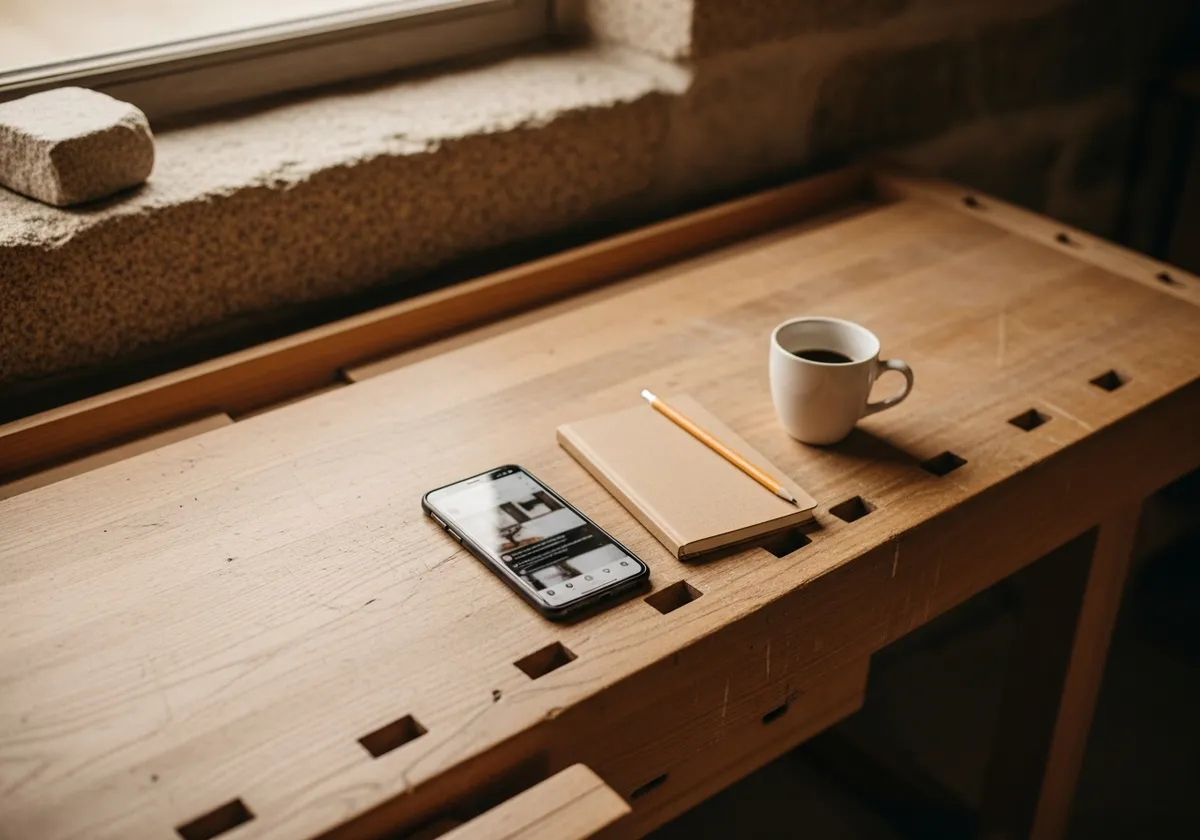 Smartphone posé sur un établi d'atelier breton, affichant un fil d'actualité flouté, à côté d'un carnet et d'un café — gestion de page Facebook artisan
