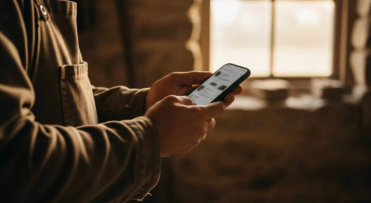 Artisan consultant son smartphone dans un atelier en pierre en Bretagne — page Facebook artisan