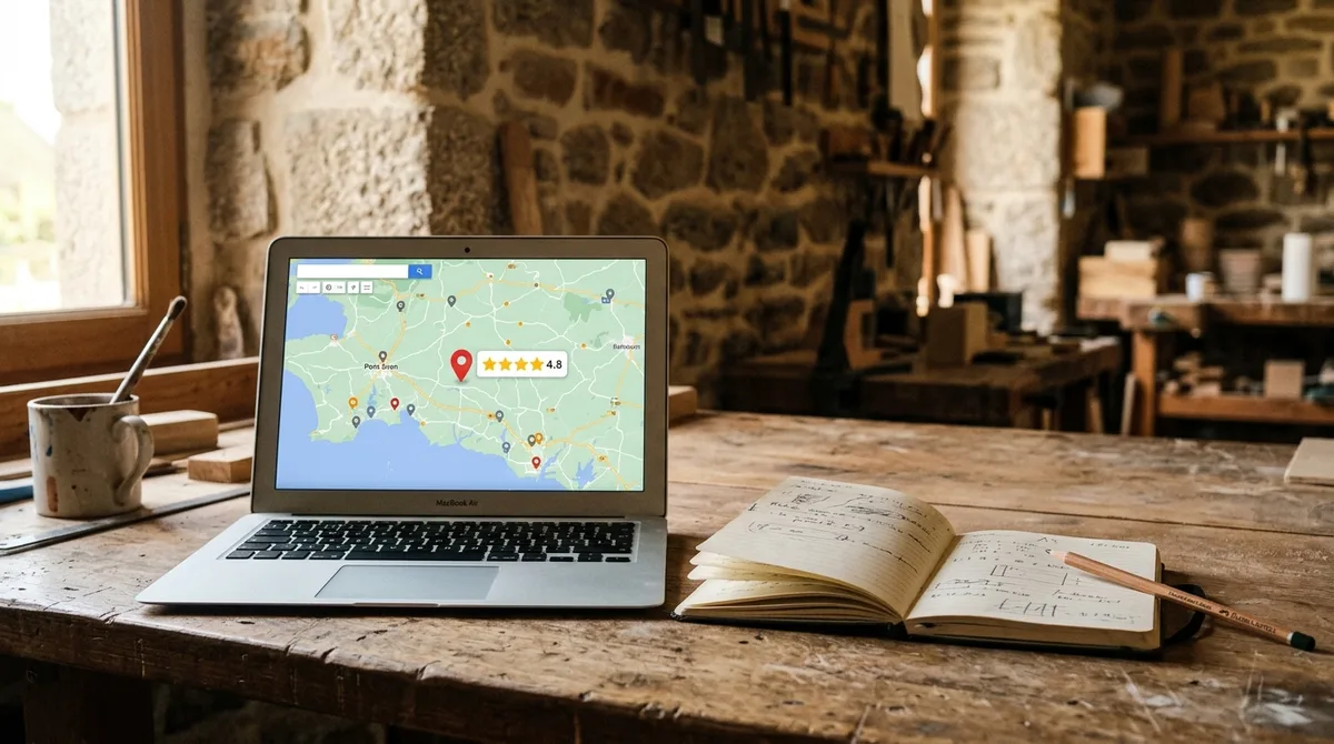 Ordinateur portable affichant une fiche Google Maps sur un établi d'artisan breton, à côté d'un carnet de rendez-vous