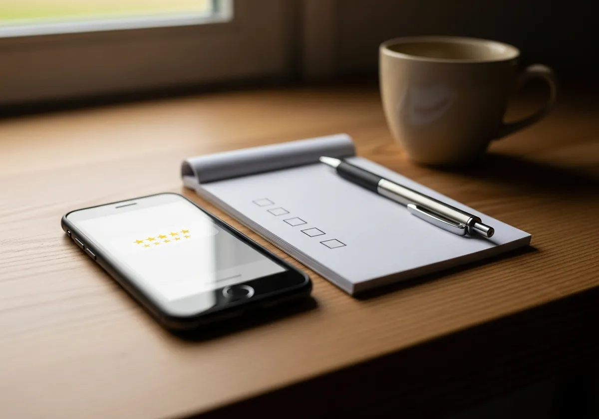 Smartphone affichant une notification d'avis Google 5 étoiles à côté d'un carnet avec une checklist de gestion des avis