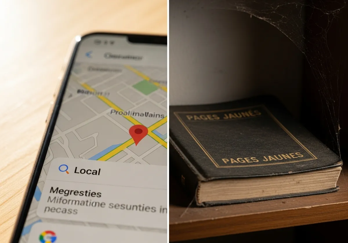 Comparaison entre un résultat de recherche locale Google Maps sur smartphone et un vieil annuaire Pages Jaunes fermé et poussiéreux sur une étagère