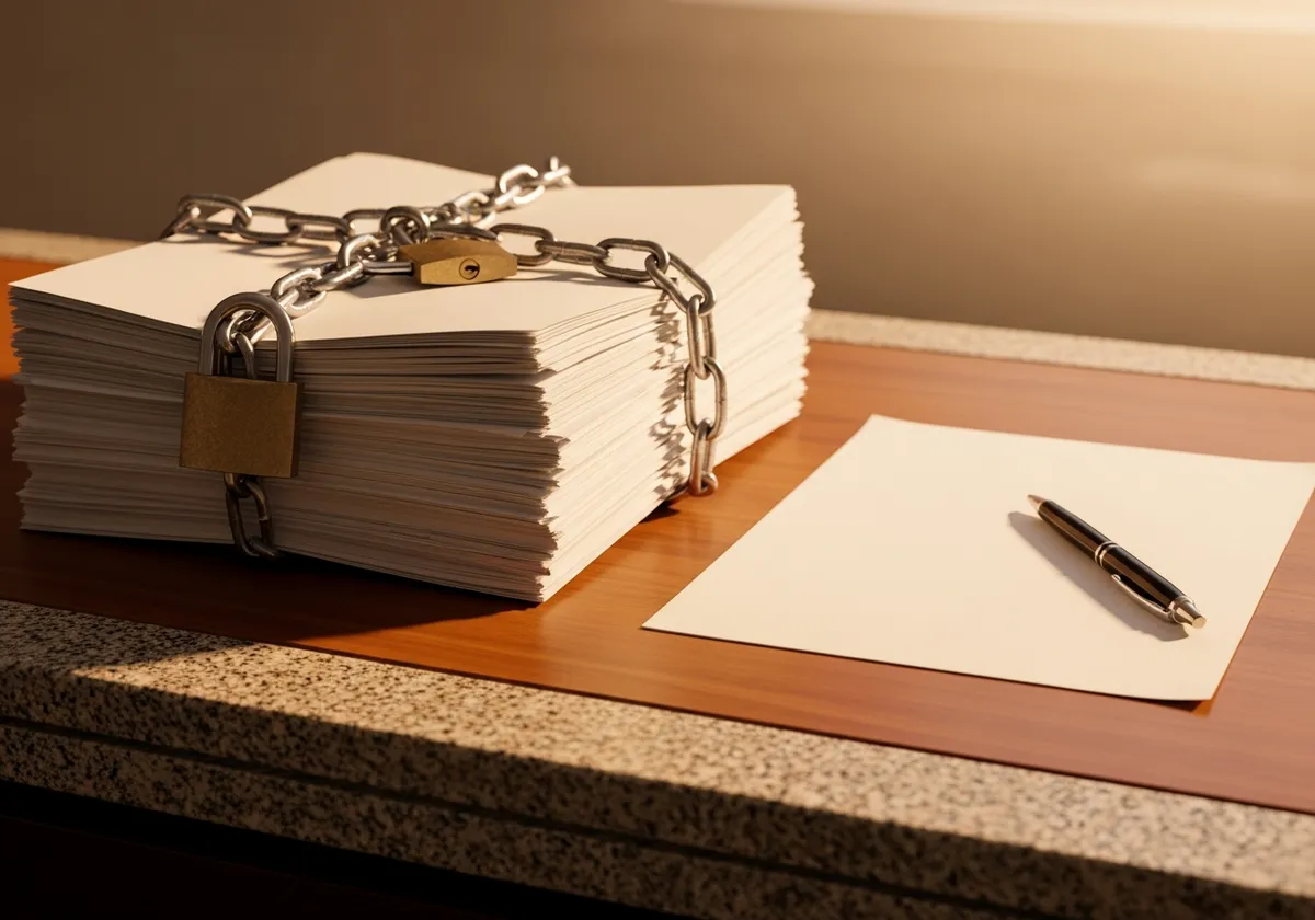 Pile de documents enchaînés et cadenassés à côté d'une simple feuille libre avec un stylo, symbole d'une maintenance de site internet sans engagement