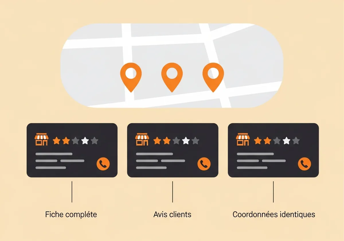 Schéma du pack local Google avec trois fiches artisan et les 3 leviers : fiche complète, avis clients, coordonnées identiques