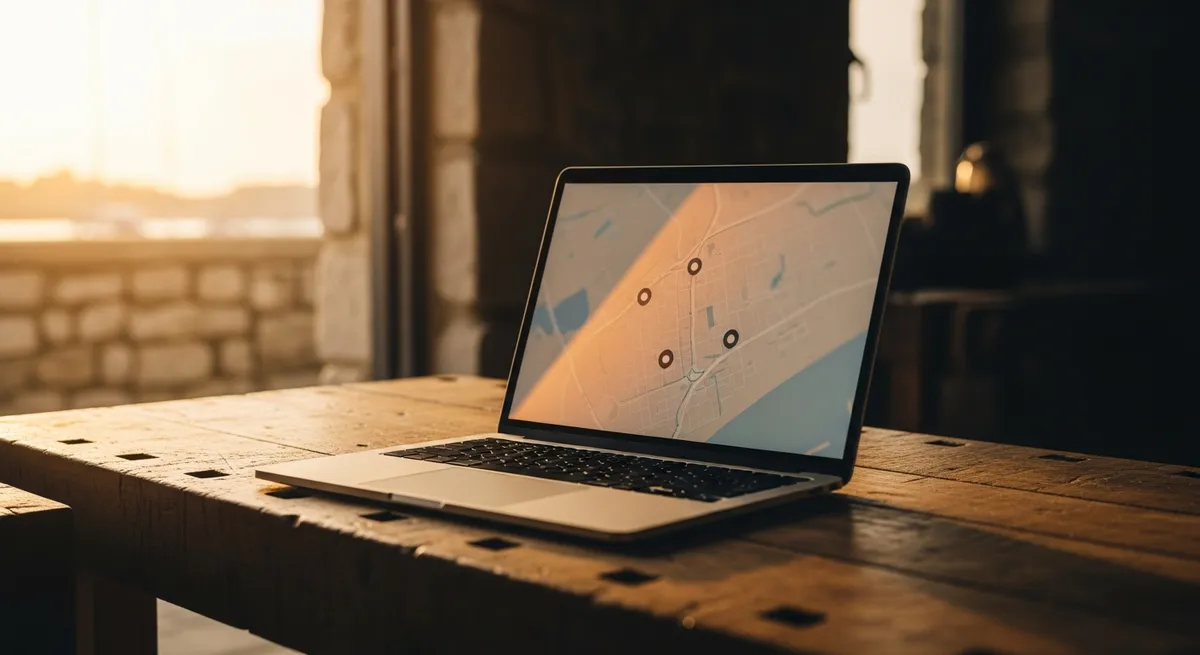 Ordinateur portable ouvert sur une carte avec des repères de localisation, atelier d'artisan breton en pierre — pack local Google artisan