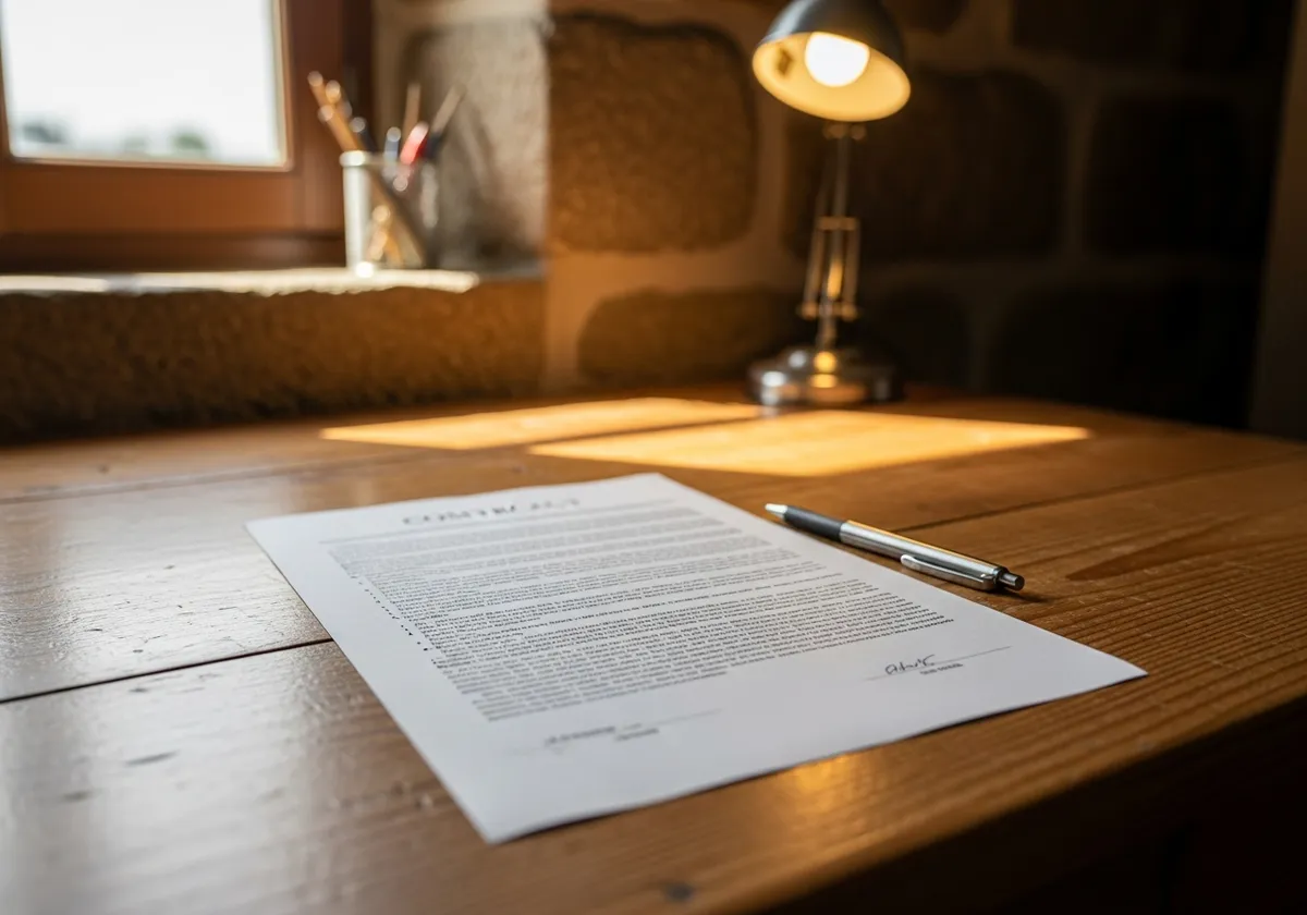 Contrat aux petites lignes posé sur un bureau d'atelier breton — les garanties SEO en trompe-l'œil