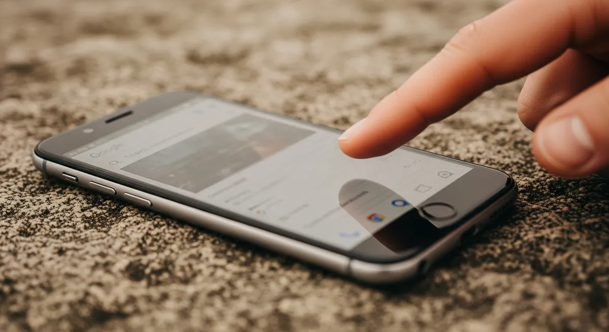 Smartphone posé sur du granit breton affichant une recherche Google — garantie TOP 1 référencement