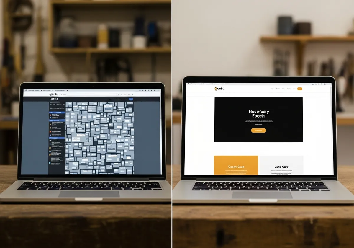 Comparaison avant/après d'un site internet artisan : ancienne version dense et datée à gauche, refonte claire et aérée à droite