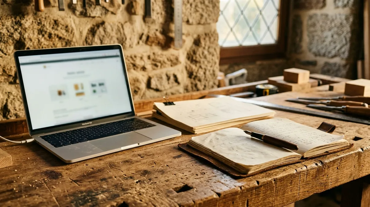 Ordinateur portable et carnet de notes sur un établi d'artisan, page mentions légales à l'écran
