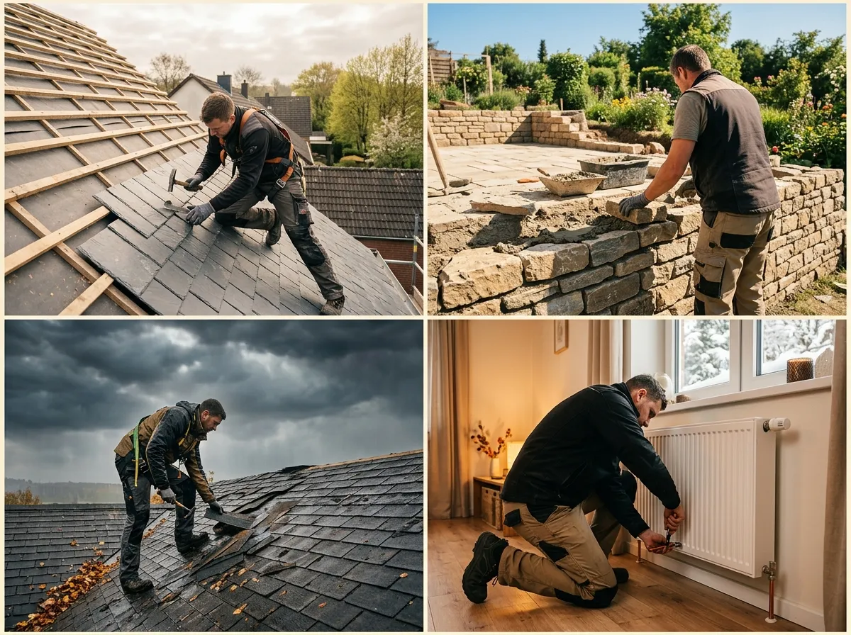 Quatre scènes de chantier au fil des saisons : couverture au printemps, maçonnerie en été, réparation de toiture après tempête à l'automne, installation de chauffage en hiver — calendrier saisonnier des métiers du BTP