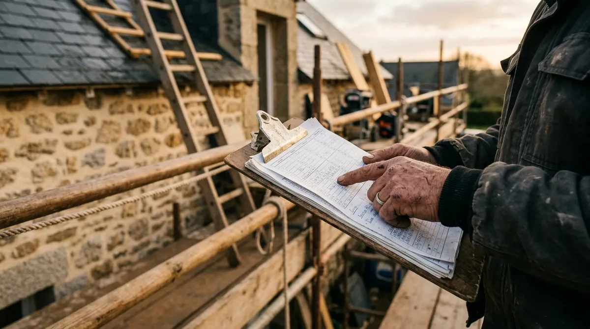 Artisan couvreur consultant son carnet de chantier sur un échafaudage, façade en granit breton — saisonnalité publicité artisan BTP