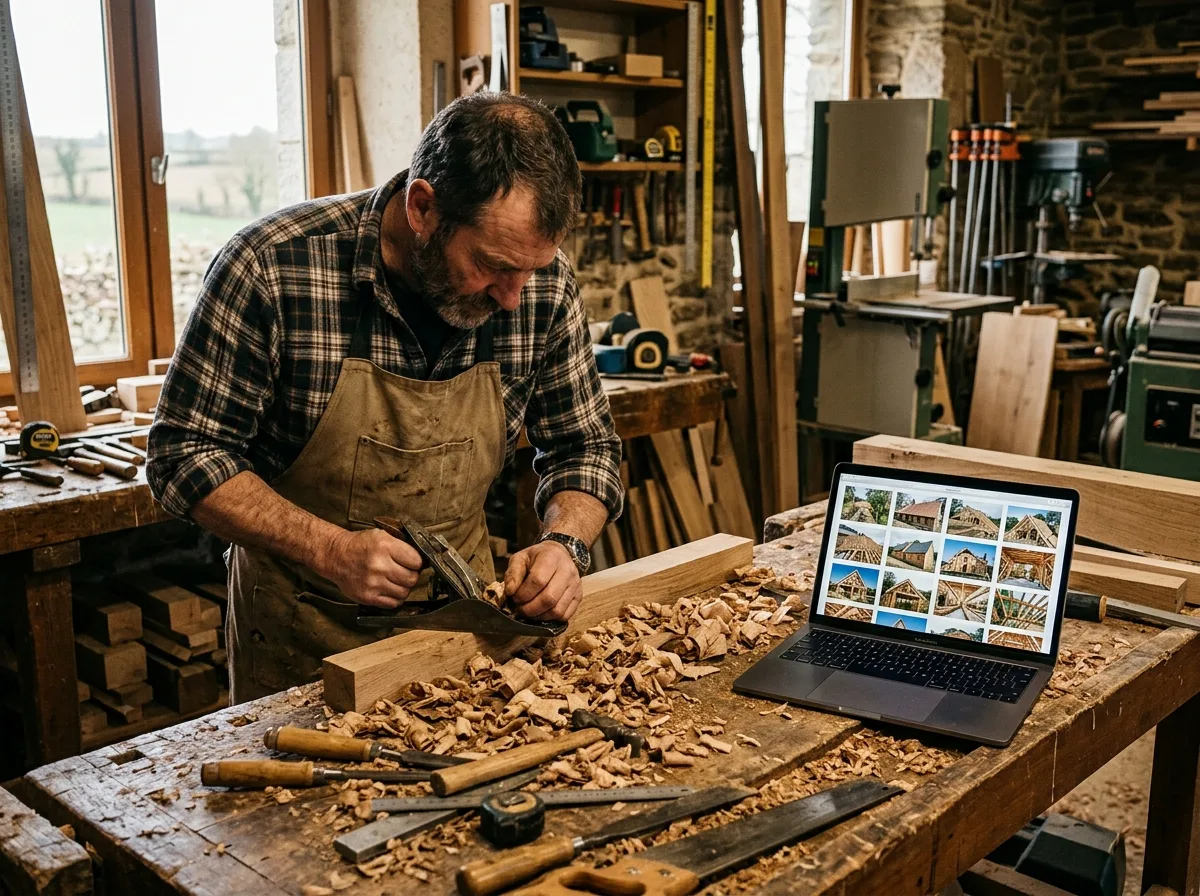 Menuisier dans son atelier consultant sur un ordinateur portable la galerie de photos de ses chantiers de charpente