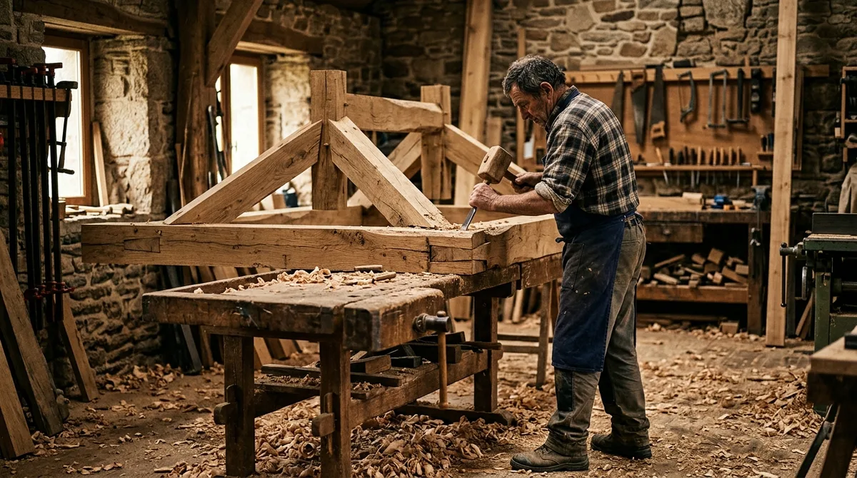 Charpentier ajustant un assemblage de charpente en bois massif dans un atelier breton en pierre