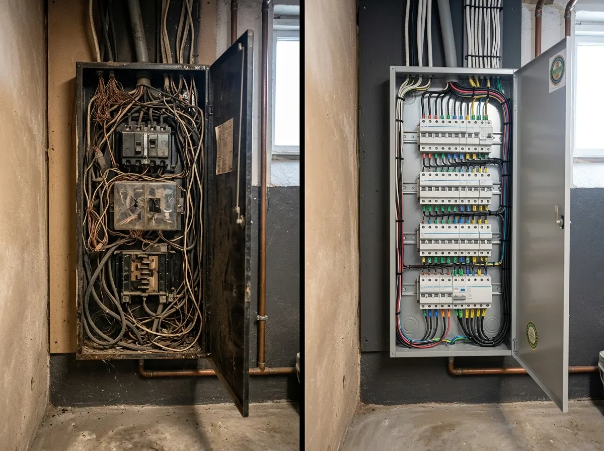 Tableau électrique avant/après mise aux normes : fils dénudés et disjoncteurs vétustes à gauche, tableau rénové avec câblage étiqueté et sceau de certification à droite