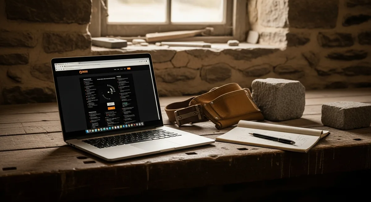 Ordinateur portable affichant un site internet mal fait, lent et confus, posé sur un établi d'artisan breton en pierre