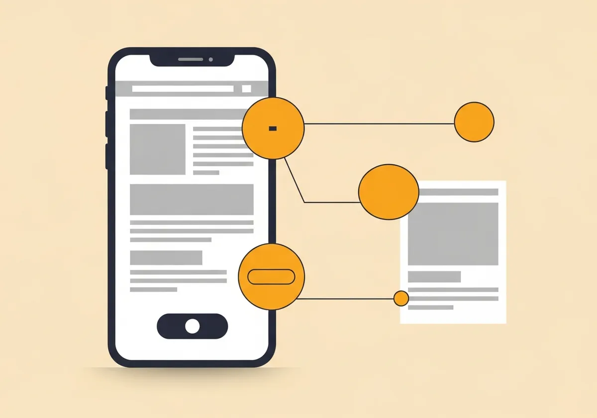 Schéma d'un site internet mobile artisan avec les points de friction courants mis en évidence : texte trop petit, bouton d'appel caché, contenu qui déborde de l'écran