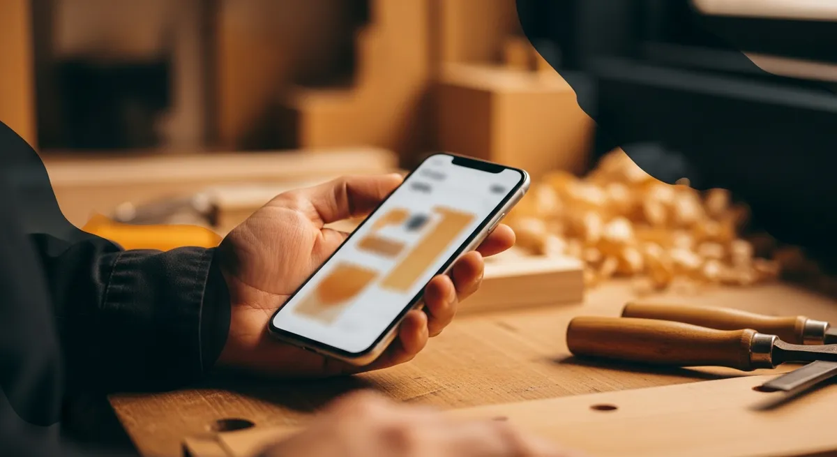 Artisan tenant un smartphone affichant un site internet mobile artisan dans un atelier bois