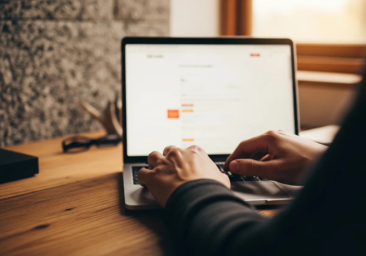 Mains sur un clavier d'ordinateur portable dans un atelier, écran flou en arrière-plan — diagnostic technique d'un site web non indexé sur Google