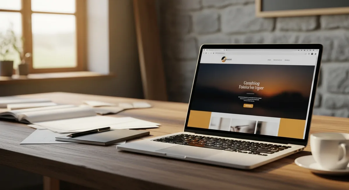 Laptop ouvert sur un bureau en bois montrant un site web flou dans un atelier breton — diagnostic site invisible sur Google