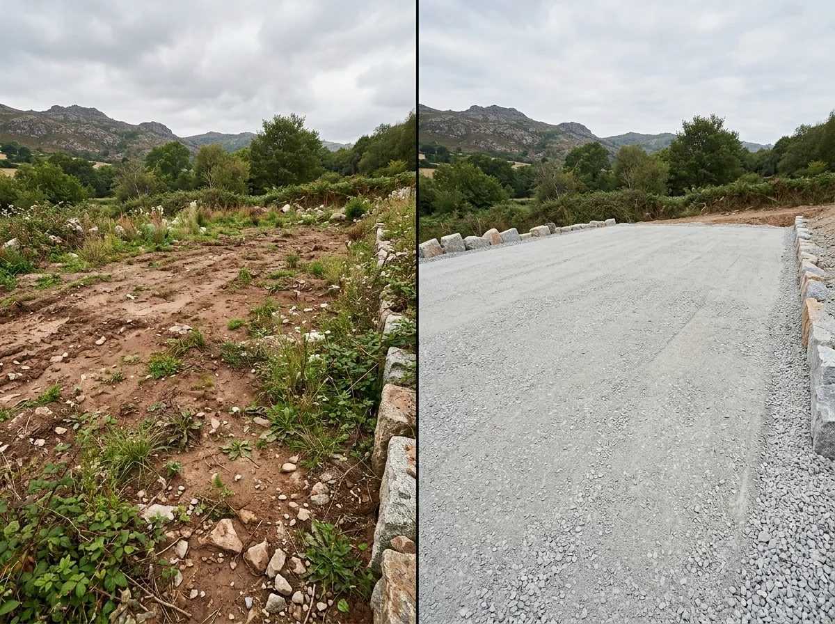 Terrain avant/après un chantier de terrassement en Bretagne : parcelle brute à gauche, plateforme nivelée et gravillonnée à droite