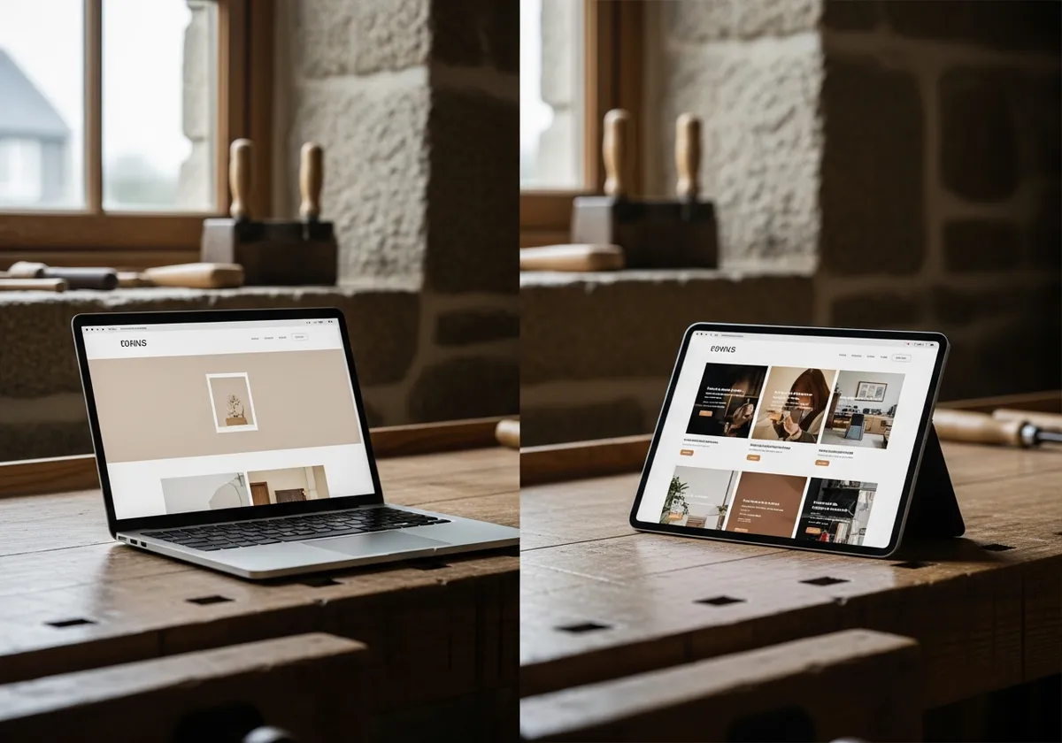 Comparaison sur un établi d'atelier breton entre un site une page affiché sur un ordinateur portable et un site plusieurs pages avec menu de navigation sur une tablette