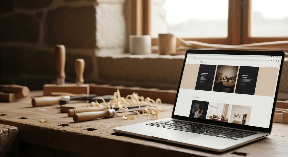 Ordinateur portable sur un établi d'atelier breton affichant un site internet une page — site one page artisan