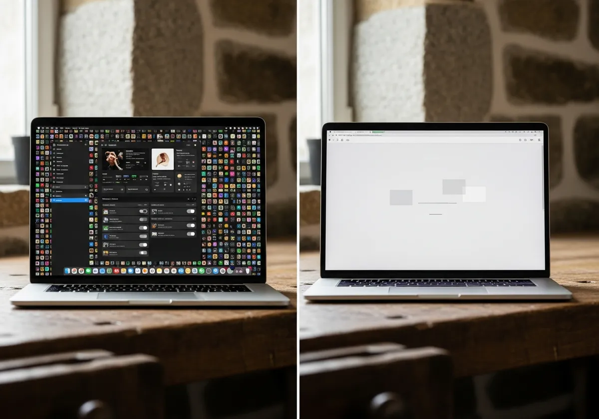 Deux ordinateurs portables côte à côte sur un établi breton, l'un affichant un tableau de bord chargé d'icônes, l'autre une page WordPress ou site sur mesure épurée